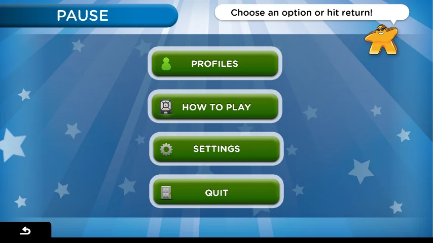 video game settings UI with Meeple