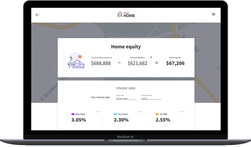 Home Equity — current value minus loan balance, with live interest-rate comparison