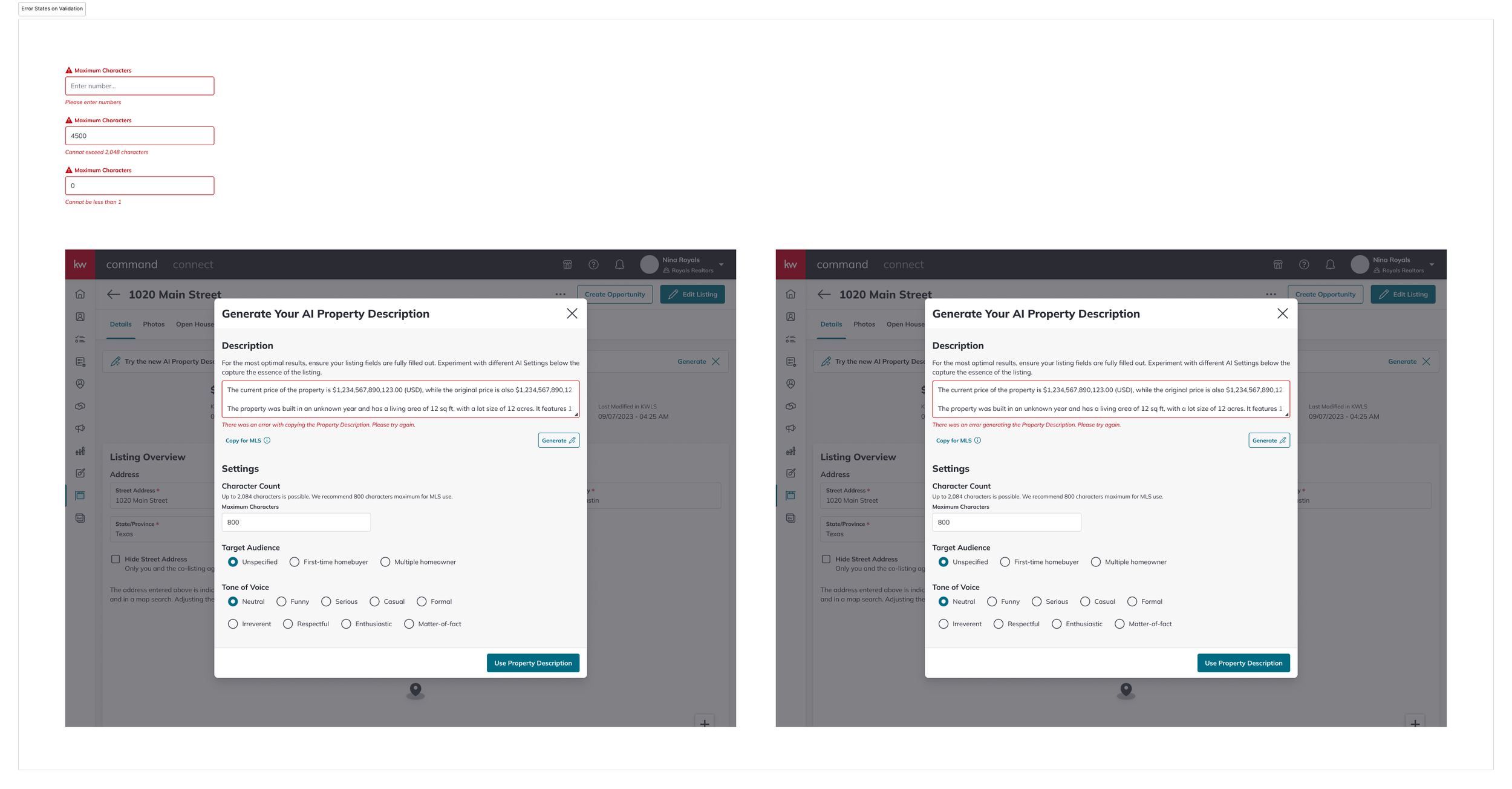 KW AI Property Description — error states on validation