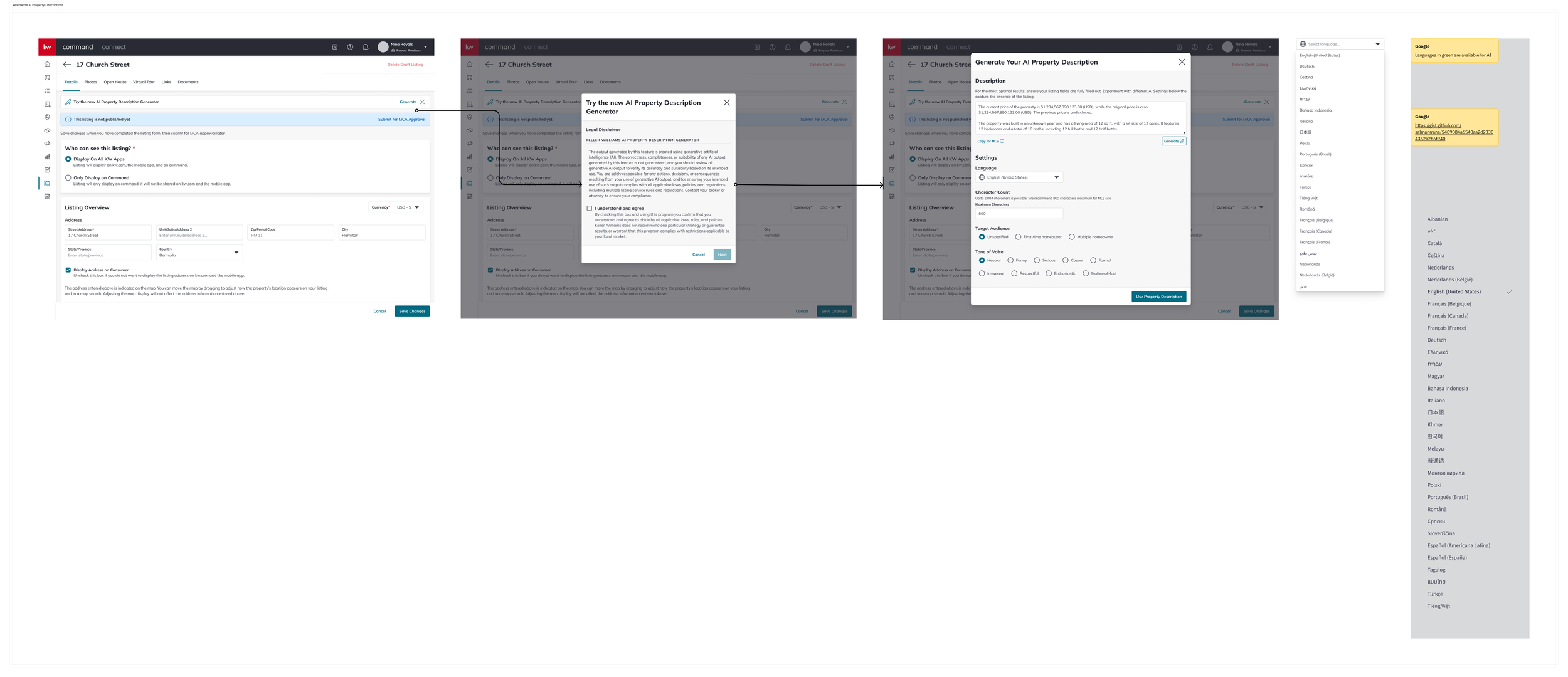 Worldwide AI Property Descriptions — modal with multi-language selection