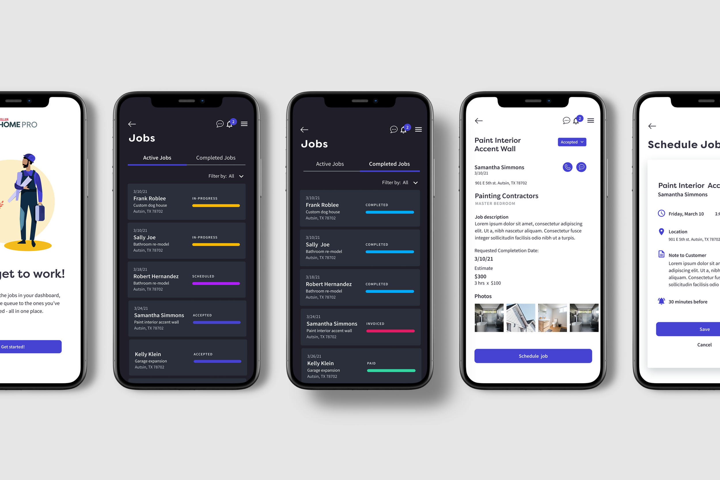 Keller Home Pro — mobile app job workflow screens